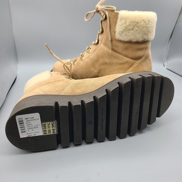 Stuart Weitzman combat boots Chalet lug tan Suede faux fur lace up sz 8 new - Picture 7 of 7